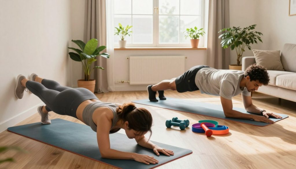 A cozy, well-lit living room setting where a diverse group of individuals, dressed in comfortable athletic wear, is actively engaged in beginner-friendly home workouts. In the foreground, a woman is performing a gentle yoga pose on a colorful mat, while a man next to her is doing simple bodyweight exercises, like push-ups, against a wall. The middle ground features a small assortment of workout equipment, like dumbbells and resistance bands, neatly organized. In the background, a large window allows warm, natural light to flood the room, creating a cheerful and motivating atmosphere. Potted plants add a touch of greenery, enhancing the inviting, energetic vibe of home fitness. The overall composition feels fresh, encouraging, and uplifting, making fitness feel accessible for everyone. A cozy, well-lit living room setting where a diverse group of individuals, dressed in comfortable athletic wear, is actively engaged in beginner-friendly home workouts. In the foreground, a woman is performing a gentle yoga pose on a colorful mat, while a man next to her is doing simple bodyweight exercises, like push-ups, against a wall. The middle ground features a small assortment of workout equipment, like dumbbells and resistance bands, neatly organized. In the background, a large window allows warm, natural light to flood the room, creating a cheerful and motivating atmosphere. Potted plants add a touch of greenery, enhancing the inviting, energetic vibe of home fitness. The overall composition feels fresh, encouraging, and uplifting, making fitness feel accessible for everyone.