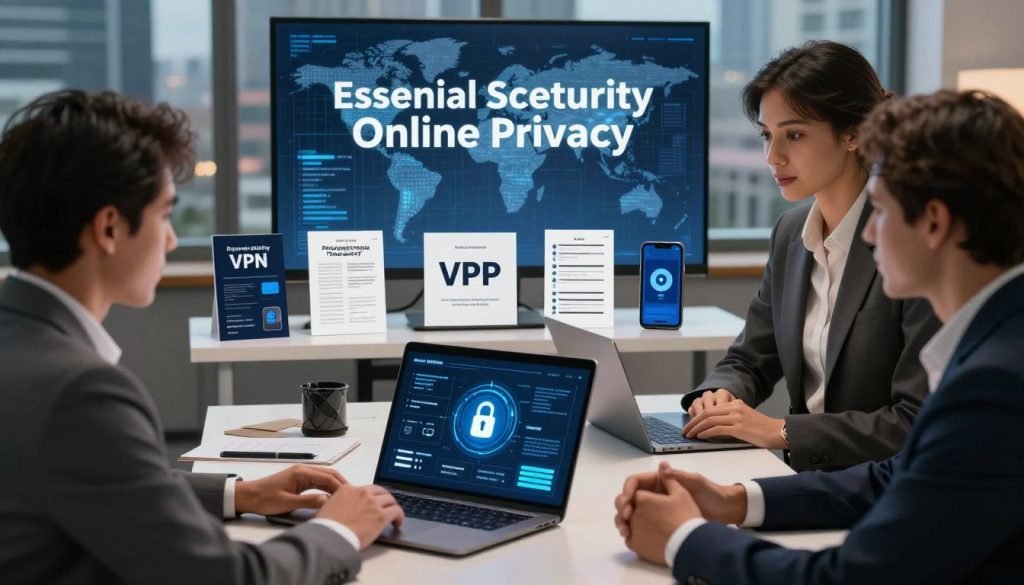 A digital workspace scene illustrating essential strategies for protecting online privacy. In the foreground, a diverse group of three professionals, dressed in smart business attire, are engaged in discussion around a laptop displaying a security interface. The middle layer features a sleek, modern desk cluttered with digital privacy tools like VPN brochures, password managers, and a smartphone with a lock icon. In the background, a window reveals a cityscape, subtly symbolizing the vast digital world. Soft, ambient lighting casts a warm glow, enhancing the safety and collaborative atmosphere. The focus is on the importance of cybersecurity, with a blend of technology and human connection, creating an informative and engaging visual representation. A digital workspace scene illustrating essential strategies for protecting online privacy. In the foreground, a diverse group of three professionals, dressed in smart business attire, are engaged in discussion around a laptop displaying a security interface. The middle layer features a sleek, modern desk cluttered with digital privacy tools like VPN brochures, password managers, and a smartphone with a lock icon. In the background, a window reveals a cityscape, subtly symbolizing the vast digital world. Soft, ambient lighting casts a warm glow, enhancing the safety and collaborative atmosphere. The focus is on the importance of cybersecurity, with a blend of technology and human connection, creating an informative and engaging visual representation.
