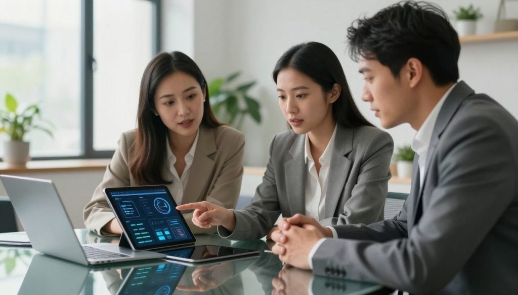 A modern workspace featuring a diverse group of three professionals, two women and one man, collaborating around a sleek, glass table. In the foreground, they are absorbed in discussions, their expressions focused and engaged. The woman on the left, dressed in smart business attire, points at a digital tablet displaying a visual dashboard of productivity tools. The man, wearing a tailored suit, leans in, listening intently. In the background, a large window allows natural light to filter in, highlighting plants and minimalist decor, creating an atmosphere of creativity and innovation. The color palette is bright and inviting, emphasizing a forward-thinking environment. The camera angle is slightly elevated, capturing both the interaction and the modern office setting, with soft focus on the background to draw attention to the collaborative spirit of selecting and implementing AI productivity tools. A modern workspace featuring a diverse group of three professionals, two women and one man, collaborating around a sleek, glass table. In the foreground, they are absorbed in discussions, their expressions focused and engaged. The woman on the left, dressed in smart business attire, points at a digital tablet displaying a visual dashboard of productivity tools. The man, wearing a tailored suit, leans in, listening intently. In the background, a large window allows natural light to filter in, highlighting plants and minimalist decor, creating an atmosphere of creativity and innovation. The color palette is bright and inviting, emphasizing a forward-thinking environment. The camera angle is slightly elevated, capturing both the interaction and the modern office setting, with soft focus on the background to draw attention to the collaborative spirit of selecting and implementing AI productivity tools.