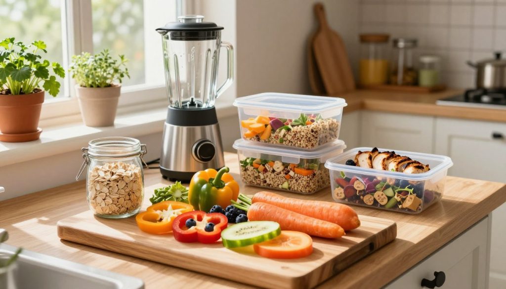 A vibrant and inviting kitchen workspace filled with healthy foods and meal prep essentials, capturing the essence of nutritious eating tips for busy professionals. In the foreground, a large wooden cutting board is spread with colorful, sliced fruits and vegetables like bell peppers, carrots, and berries, alongside a glass jar of overnight oats. In the middle, a well-organized countertop features a blender and meal prep containers, showcasing balanced portions of quinoa salad and grilled chicken. The background includes potted herbs on the windowsill, warmly lit by natural sunlight filtering through sheer curtains. The atmosphere is cheerful and energizing, emphasizing health and productivity. Use a wide-angle lens to capture the entire scene, highlighting the details and textures of the food while creating a cozy, motivating environment. A vibrant and inviting kitchen workspace filled with healthy foods and meal prep essentials, capturing the essence of nutritious eating tips for busy professionals. In the foreground, a large wooden cutting board is spread with colorful, sliced fruits and vegetables like bell peppers, carrots, and berries, alongside a glass jar of overnight oats. In the middle, a well-organized countertop features a blender and meal prep containers, showcasing balanced portions of quinoa salad and grilled chicken. The background includes potted herbs on the windowsill, warmly lit by natural sunlight filtering through sheer curtains. The atmosphere is cheerful and energizing, emphasizing health and productivity. Use a wide-angle lens to capture the entire scene, highlighting the details and textures of the food while creating a cozy, motivating environment.